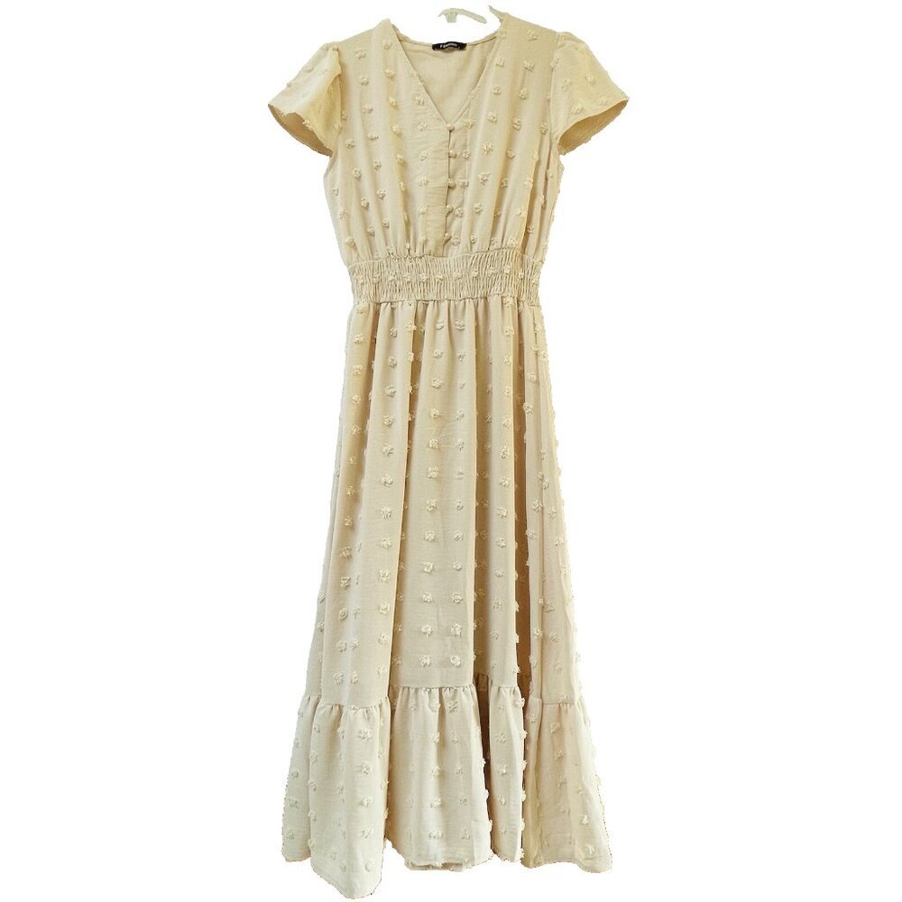 Fashion Fitted Waist Midi Dress Womens Small Beige Swiss Dots Party Boho Cottage